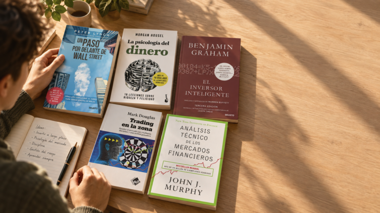 Selección de libros sobre bolsa apilados en una mesa de madera junto a un cuaderno de notas de inversión