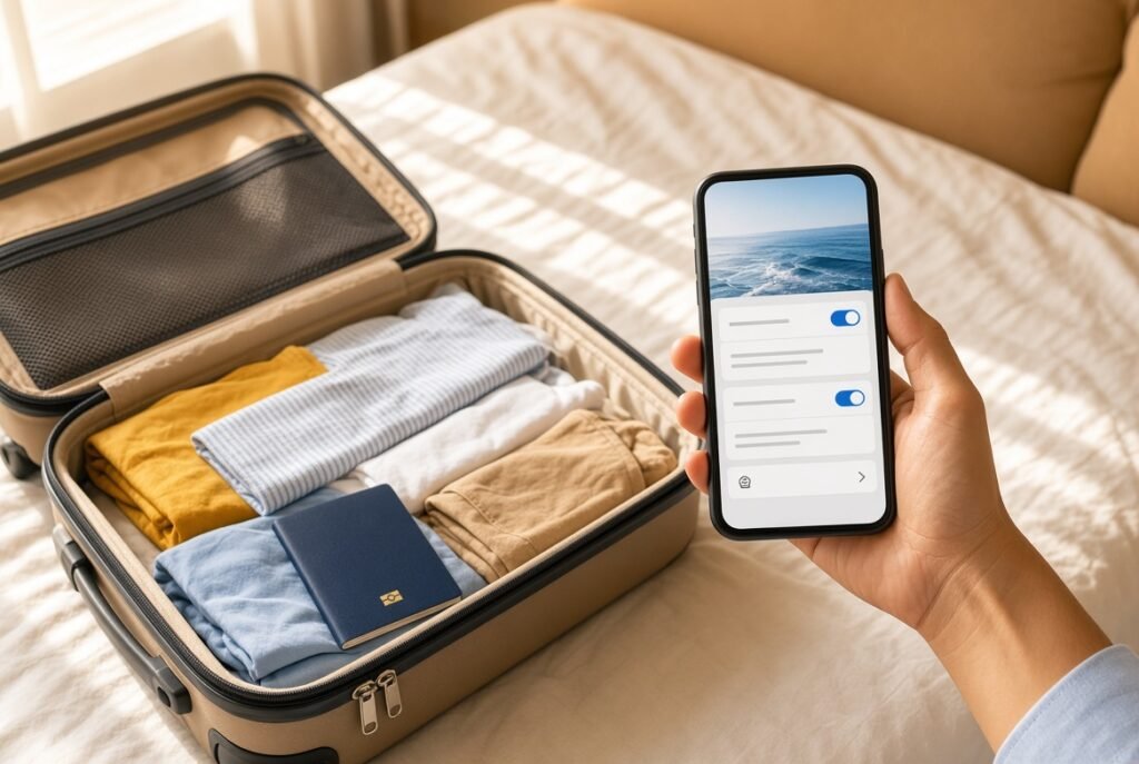 Checklist de roaming móvil en viaje al extranjero: maleta y smartphone con ajustes de datos