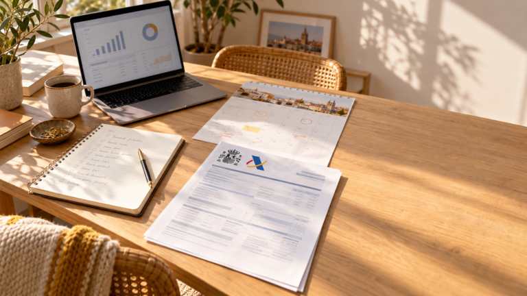 Mesa de trabajo con calendario de diciembre, libreta y portátil para ahorrar en la declaración de la renta