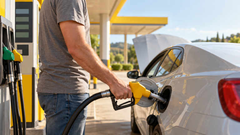 Mano llenando el depósito de un coche en una gasolinera, ilustrando cómo ahorrar gasolina en tu coche