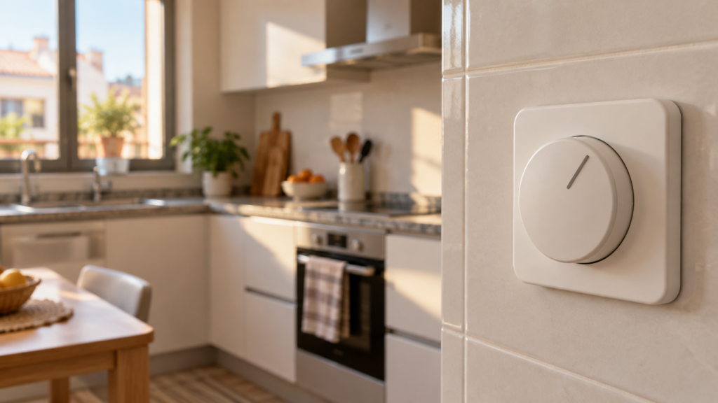 Termostato doméstico en pared, metáfora visual de cómo controlar las emociones con el dinero