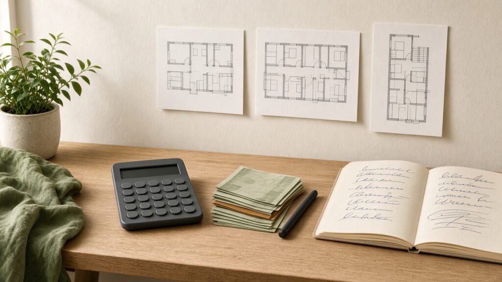 Calculadora y billetes de euro sobre mesa de madera ilustrando cómo amortizar anticipadamente una hipoteca