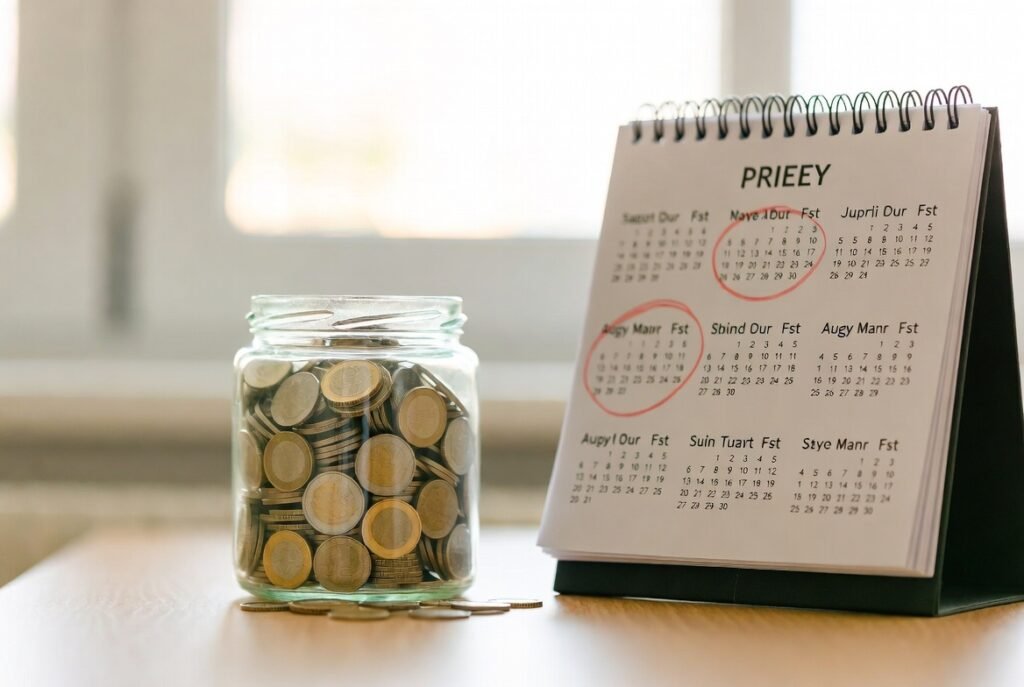 Tarro de monedas de euro junto a un calendario, representando los depósitos a corto plazo y sus plazos de rentabilidad
