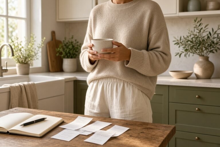 Persona revisando recibos y presupuesto en casa, ilustrando el reto de no comprar nada para ahorrar