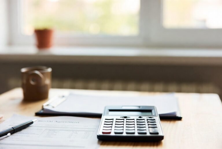 Mesa con contrato de alquiler y calculadora para analizar la rentabilidad del alquiler en España 2026