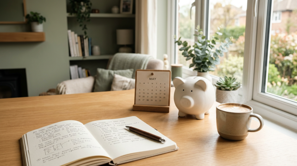 Mesa de trabajo con hucha, libreta y taza de café para planificar el ahorro para la jubilación