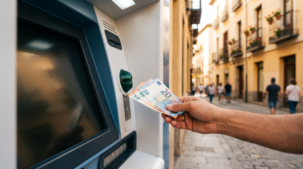 Control del efectivo por Hacienda: mano introduciendo billetes en cajero automático en España