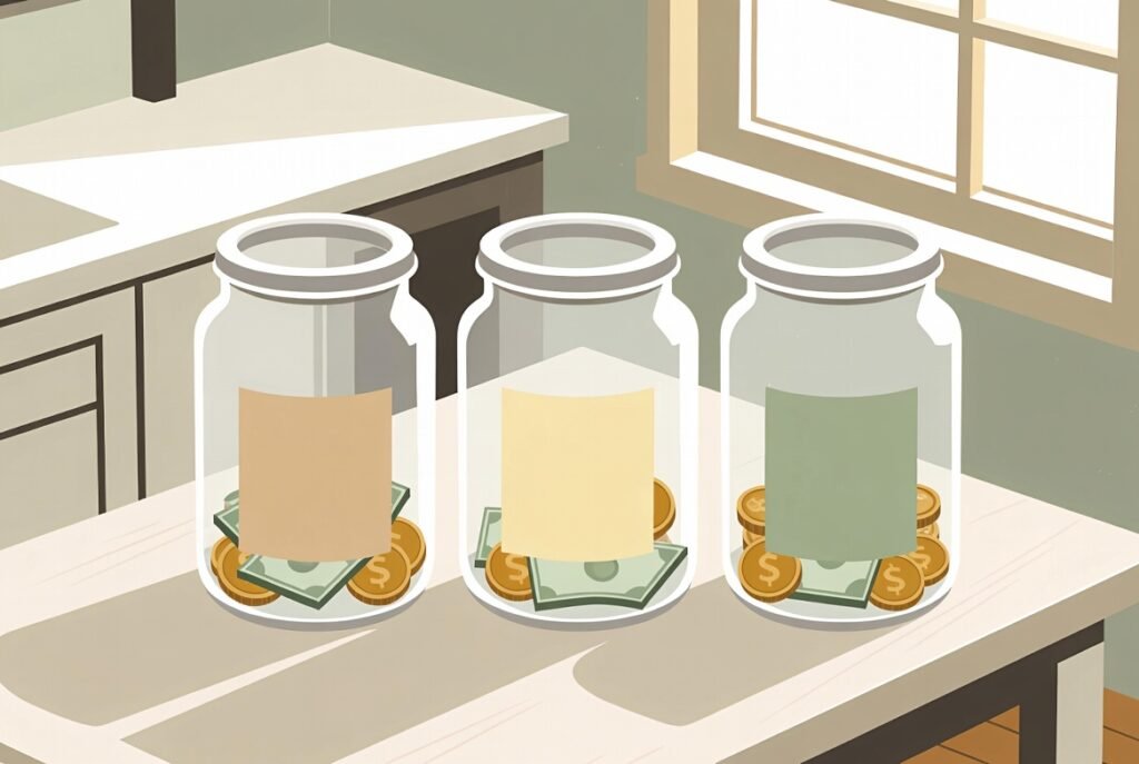 Tres frascos de ahorro con monedas y billetes de euro sobre una mesa familiar, ilustrando la educación financiera para niños