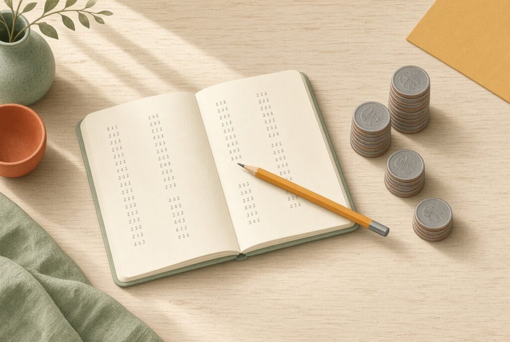 Libreta abierta con registro de gastos del método kakebo, lápiz y monedas de euro sobre mesa de madera