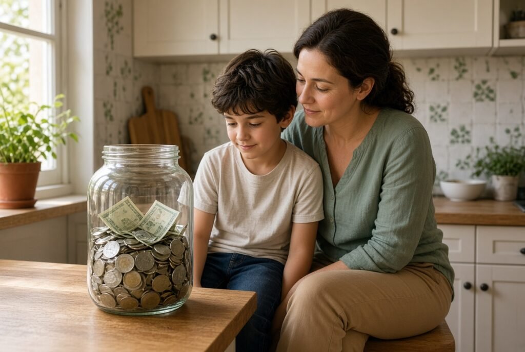 Madre e hijo revisando un bote de ahorros en la cocina, ilustrando cómo hablar de dinero y niños en casa
